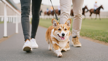 Corgi walking on racetrack