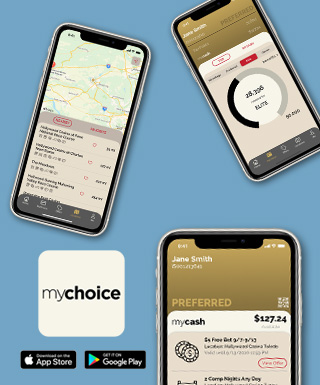 smartphones with screengrabs from the mychoice app, the mychoice, apple app store, and google play store logos